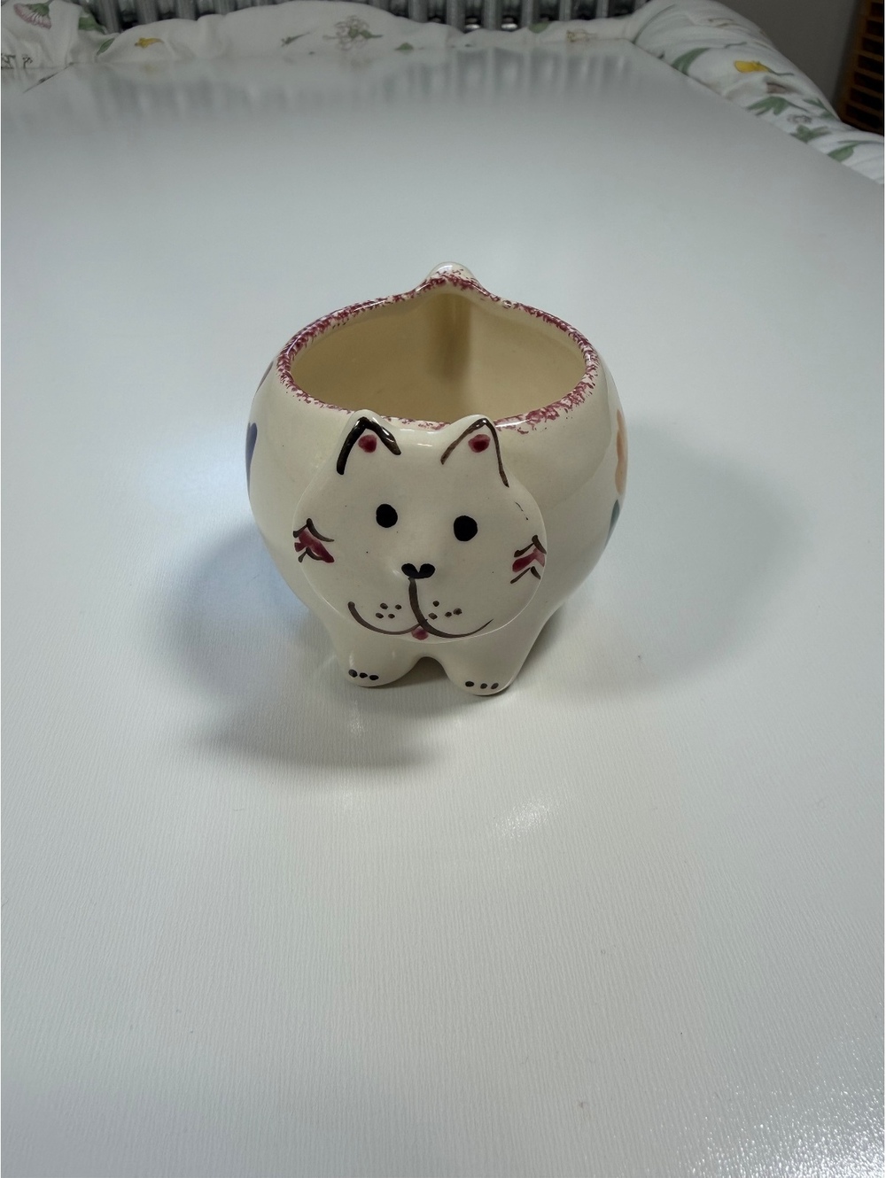 Vintage Hand-Painted Ceramic Cat Planter with Floral Design